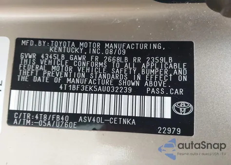 2010 Toyota Camry Le from USA, damaged, VIN 4T1BF3EK5AU032239